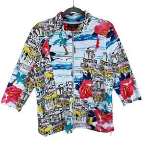 Knit Chic Colorful Beachy Floral Print Full Zip 3/4 Sleeve Jacket Pockets Size M